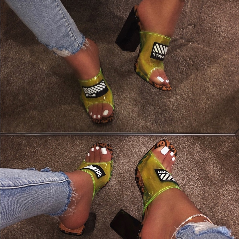 SOLD PVC Transparent Neon Animal Print Chunky Heel